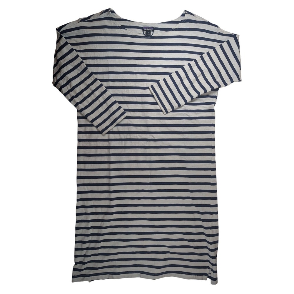 Patagonia Striped T-Shirt Dress Womens Medium White Blue Organic Cotton Blend